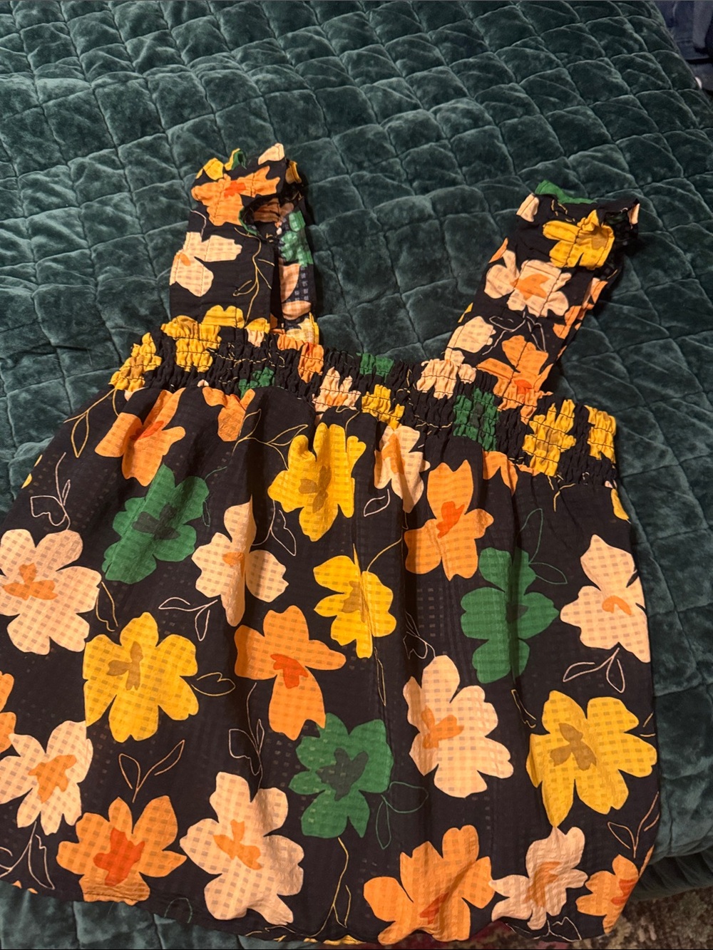 Who What Wear Black Floral Smocked Sundress with Yellow, Orange & Green Flowers